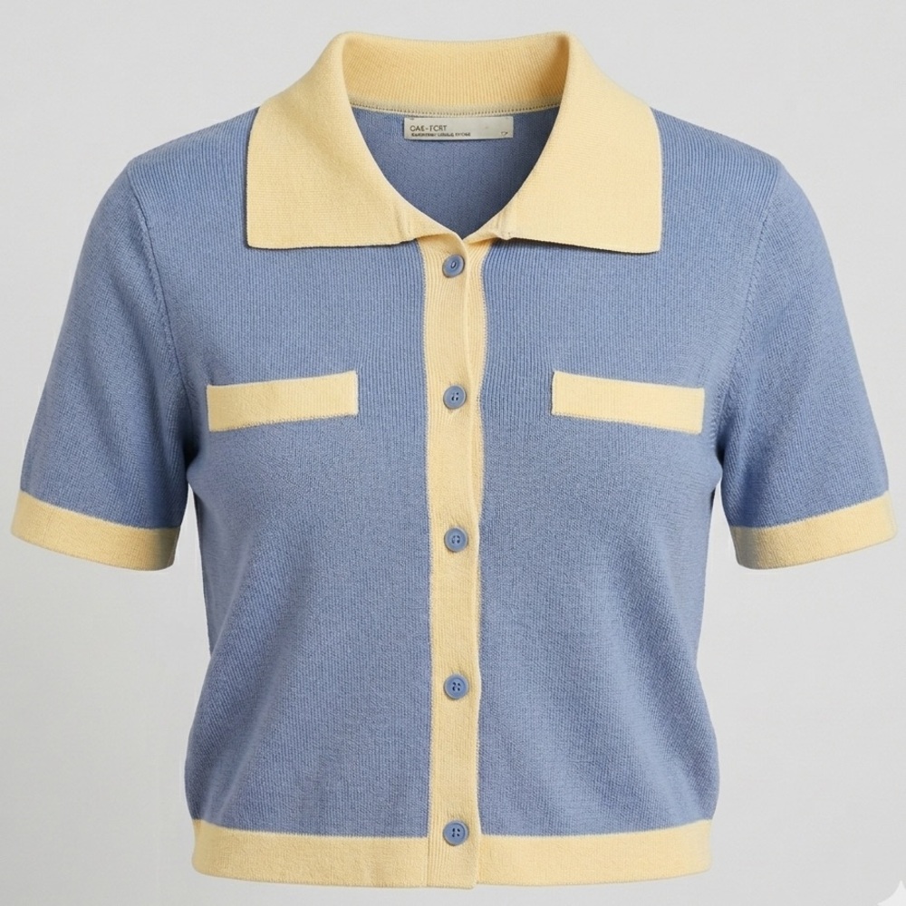 (NWOT) OAK + FORT Pastel Blue/Pale Yellow Preppy Cropped Knit Polo Top Size S-P
